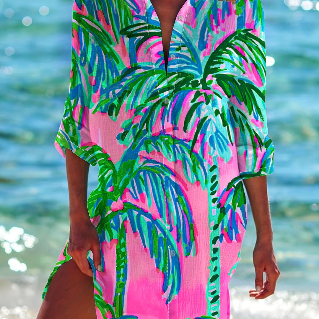 Gavrielle | Langarm Strandkleid mit Korallenprint