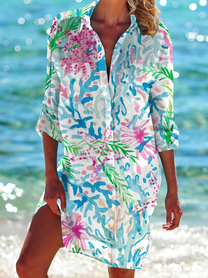 Gavrielle | Langarm Strandkleid mit Korallenprint