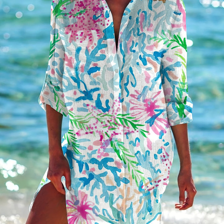 Gavrielle | Langarm Strandkleid mit Korallenprint