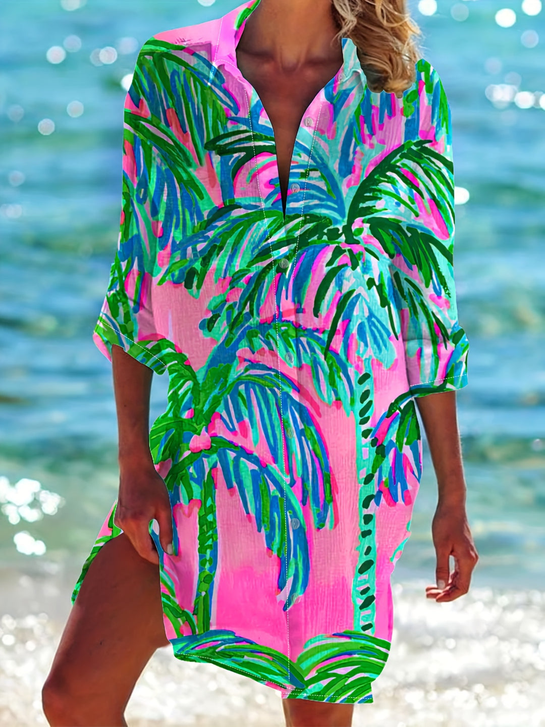 Gavrielle | Langarm Strandkleid mit Korallenprint