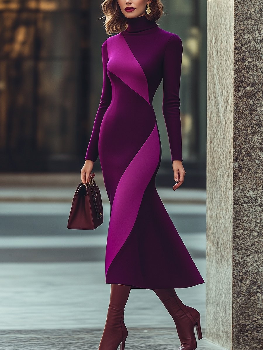 Sophisticated Mulberry and Violet Slim-Fit Turtleneck Dress