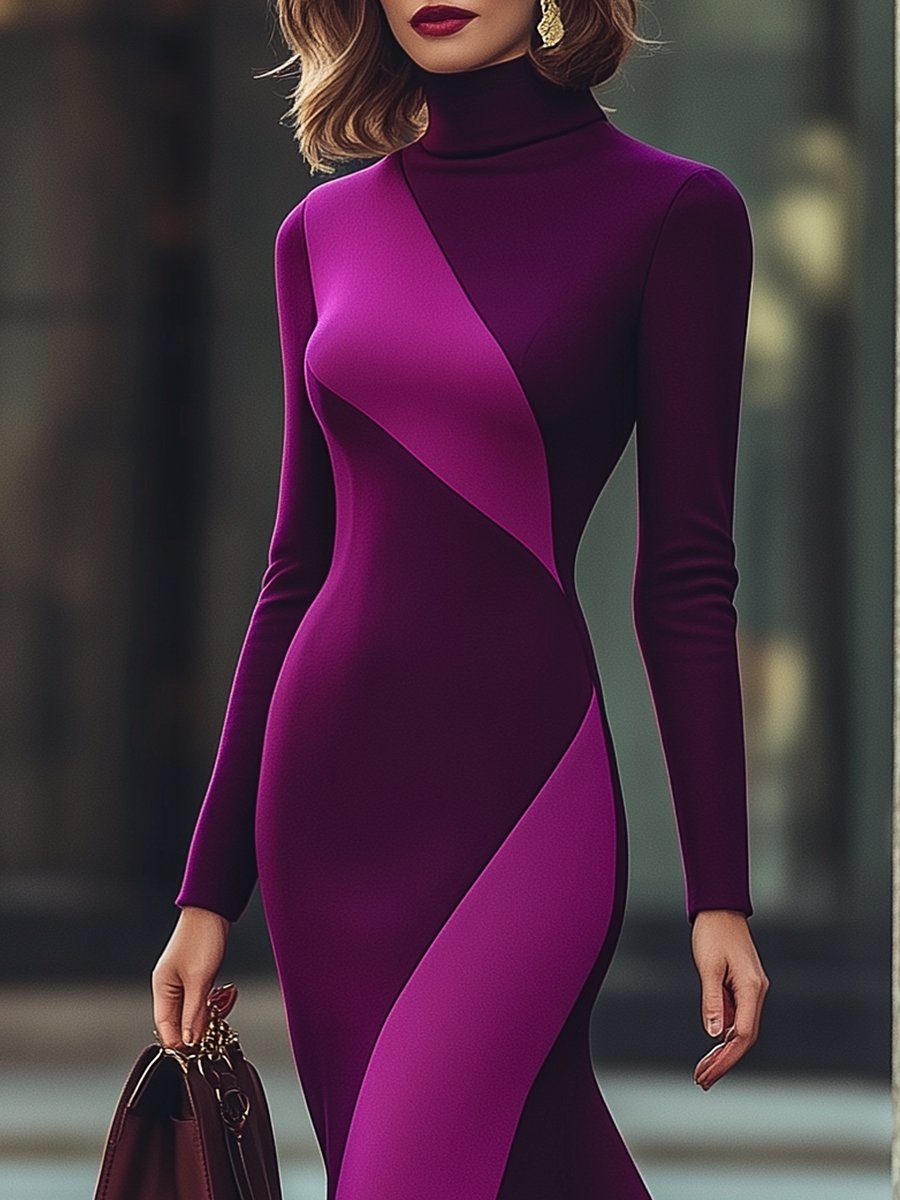 Sophisticated Mulberry and Violet Slim-Fit Turtleneck Dress